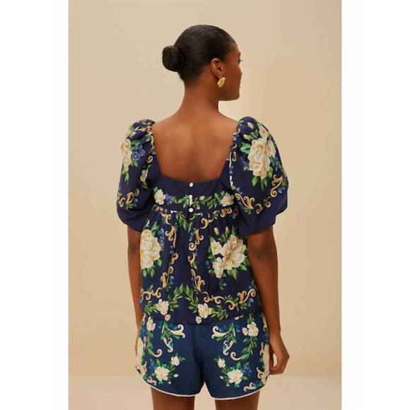 NEW FARM RIO flower tapestry yoke blouse in blue navy - Picture 3 of 5